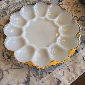 Anchor Hocking Milk Glass White and Gold Egg Platter